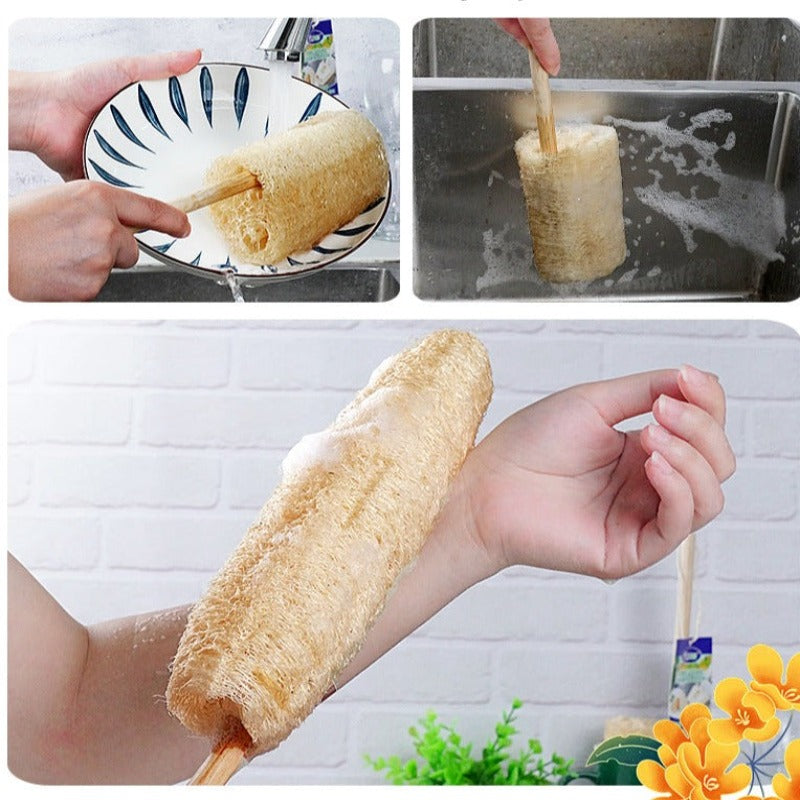 Short Wooden Handle Natural Loofah Sponges