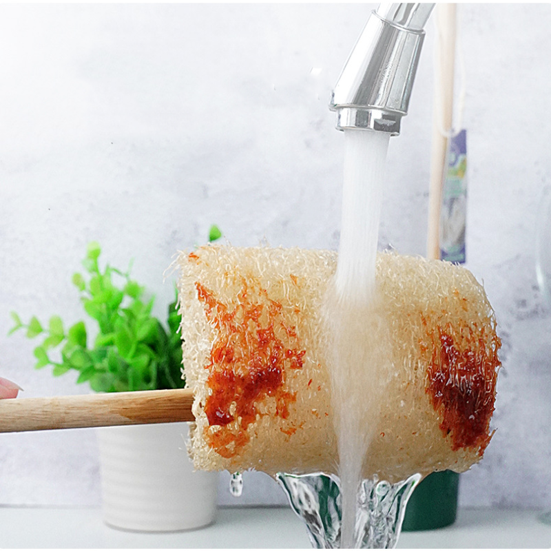 Short Wooden Handle Natural Loofah Sponges